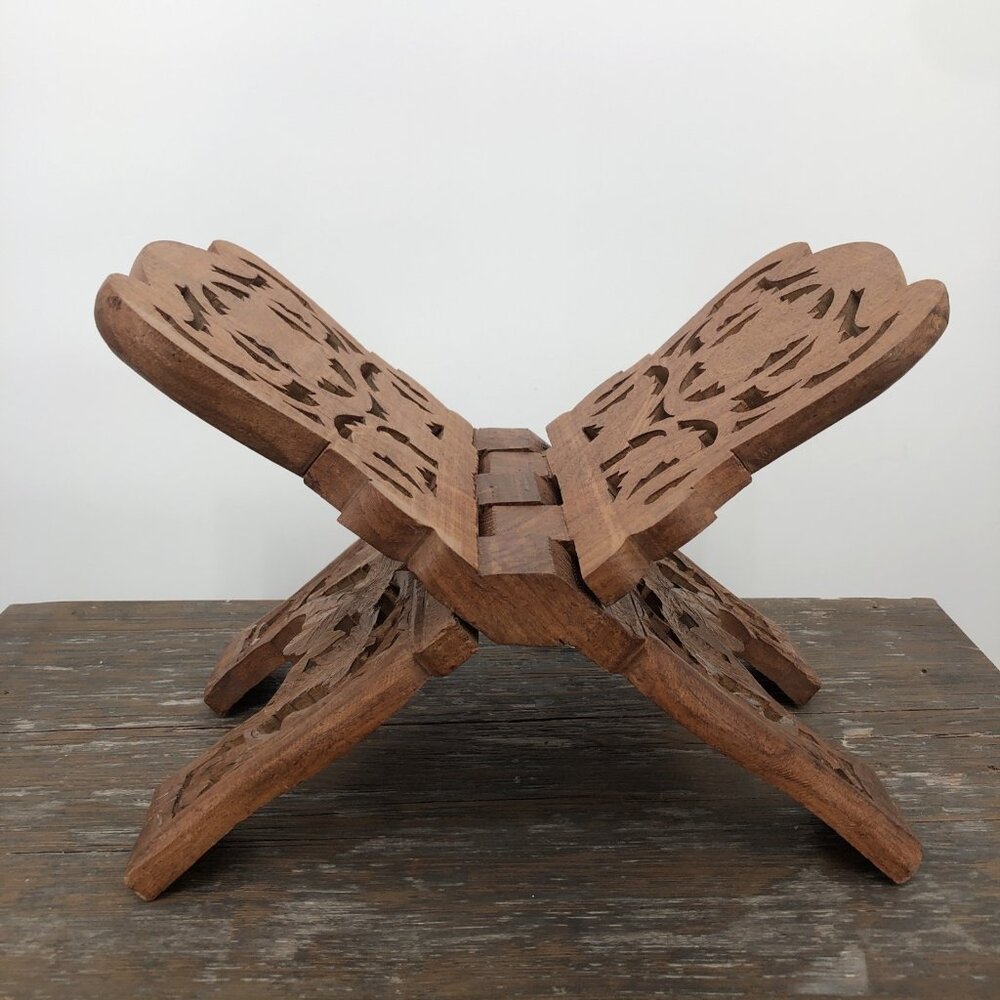Vintage Teak Wood Book Holder Kitchen Stand Hand Carved Floral Leaf Design Foldi - Picture 6 of 9